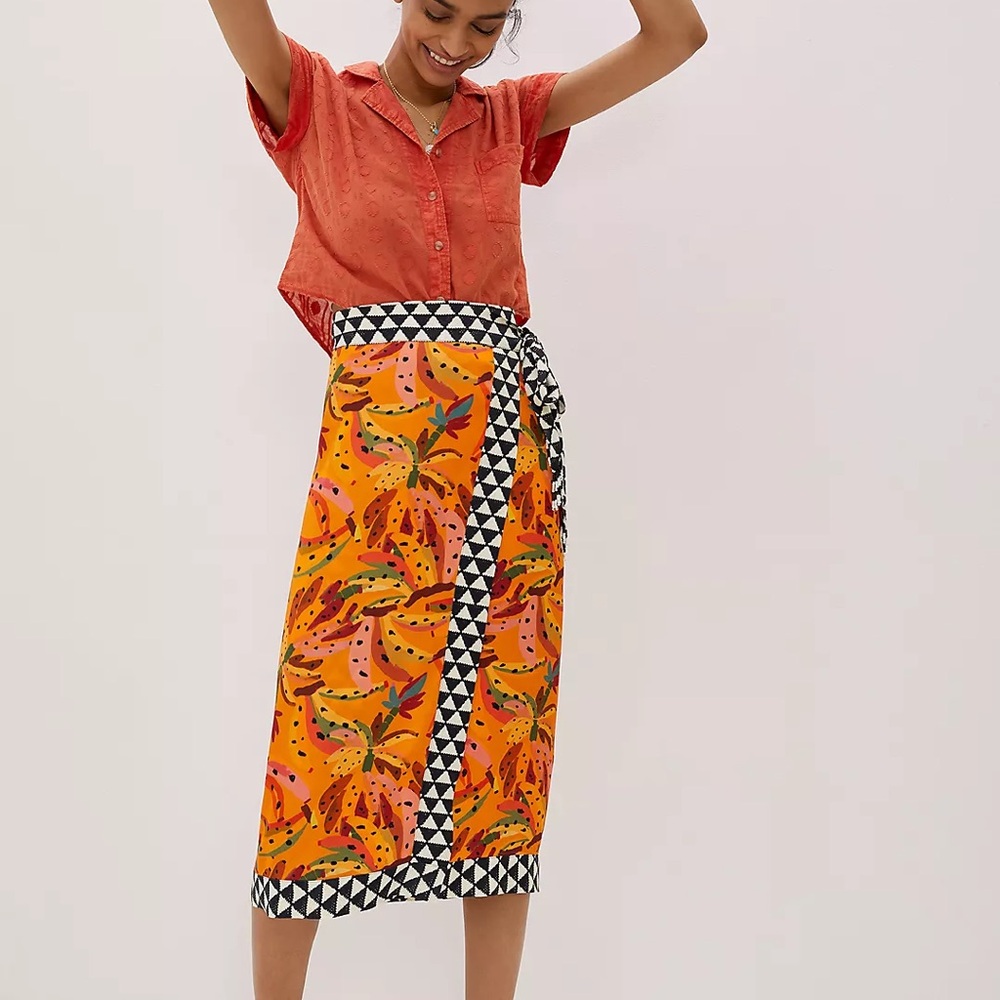 FARM Rio Vibrant Orange and Pink Tropical Midi Skirt